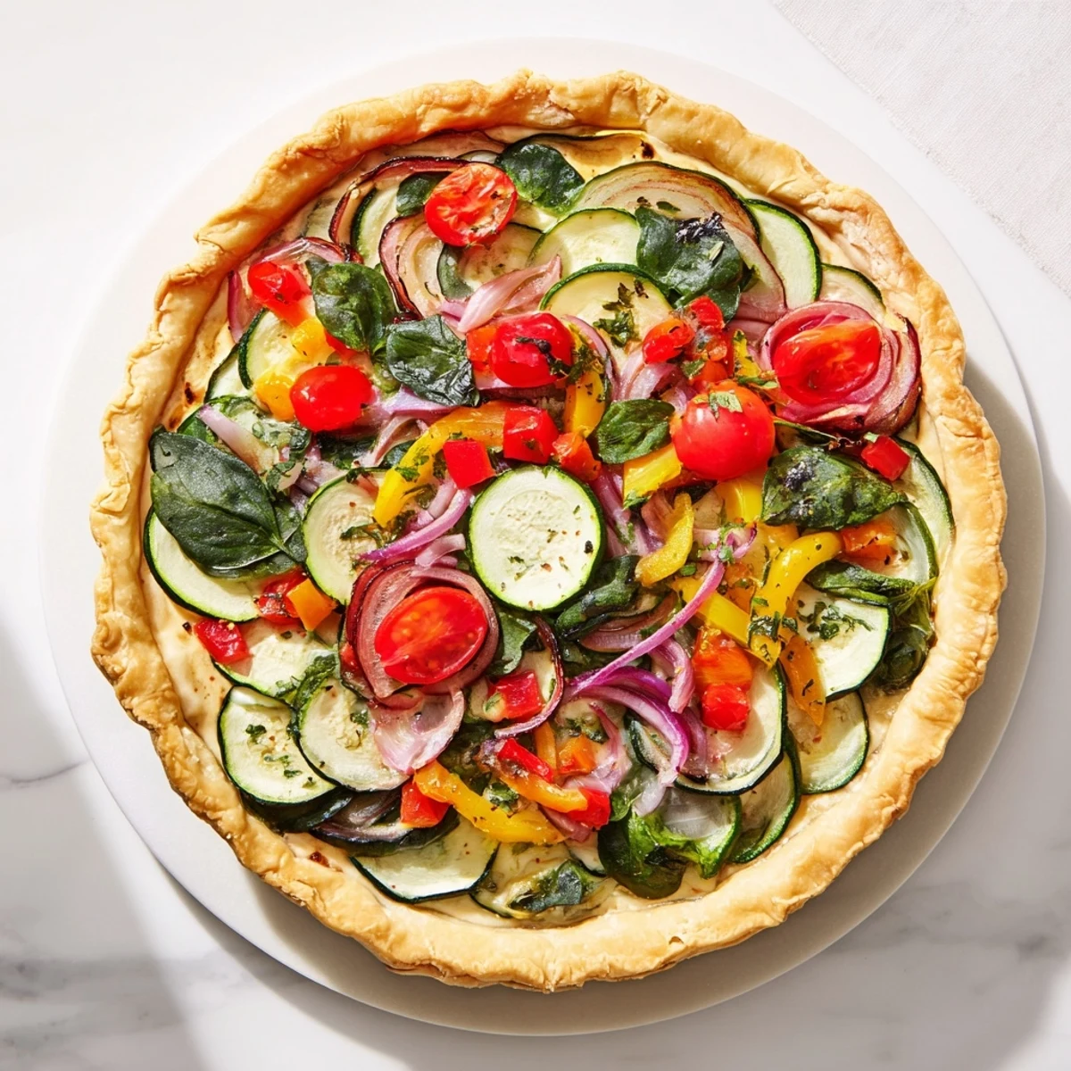 Golden brown veggie tart, brimming with colorful roasted vegetables and a creamy cheese filling.