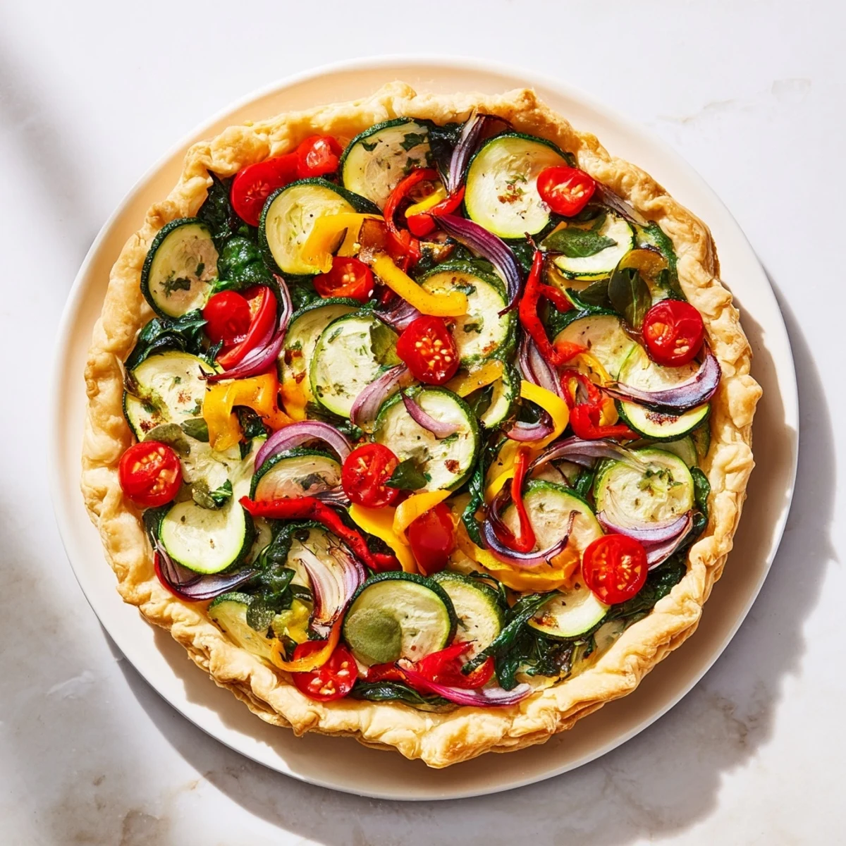 Savory veggie tart, showcasing vibrant zucchini, peppers, and tomatoes in a flaky, baked crust.