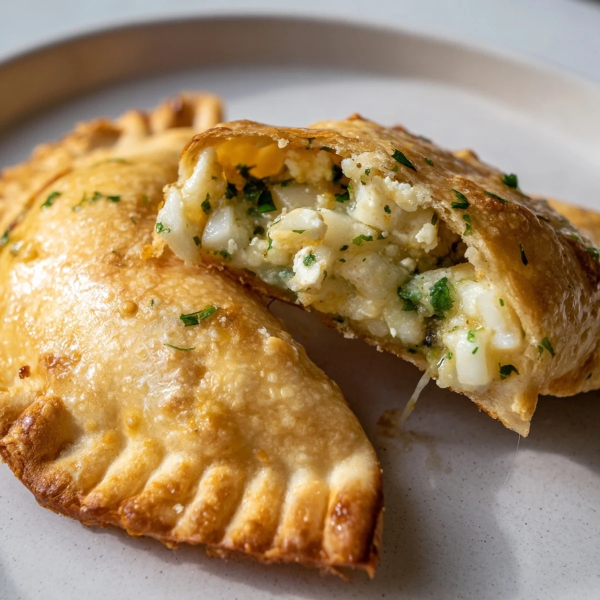 Freshly baked cheese empanadas, arranged on a baking sheet, ideal for a tasty Latin snack.