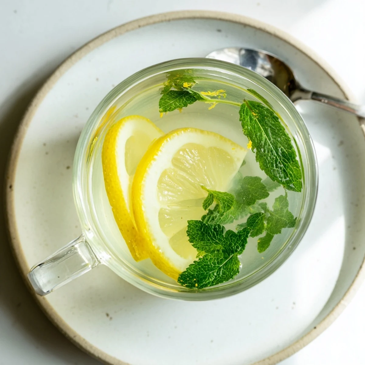 Enjoy a warm cup of peppermint leaf tea, infused with fresh leaves and optional lemon slices.