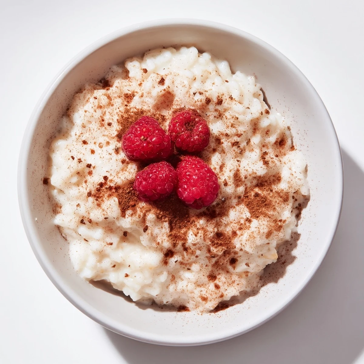A warm, creamy bowl of rice pudding, perfectly spiced with cinnamon, ready to be enjoyed.