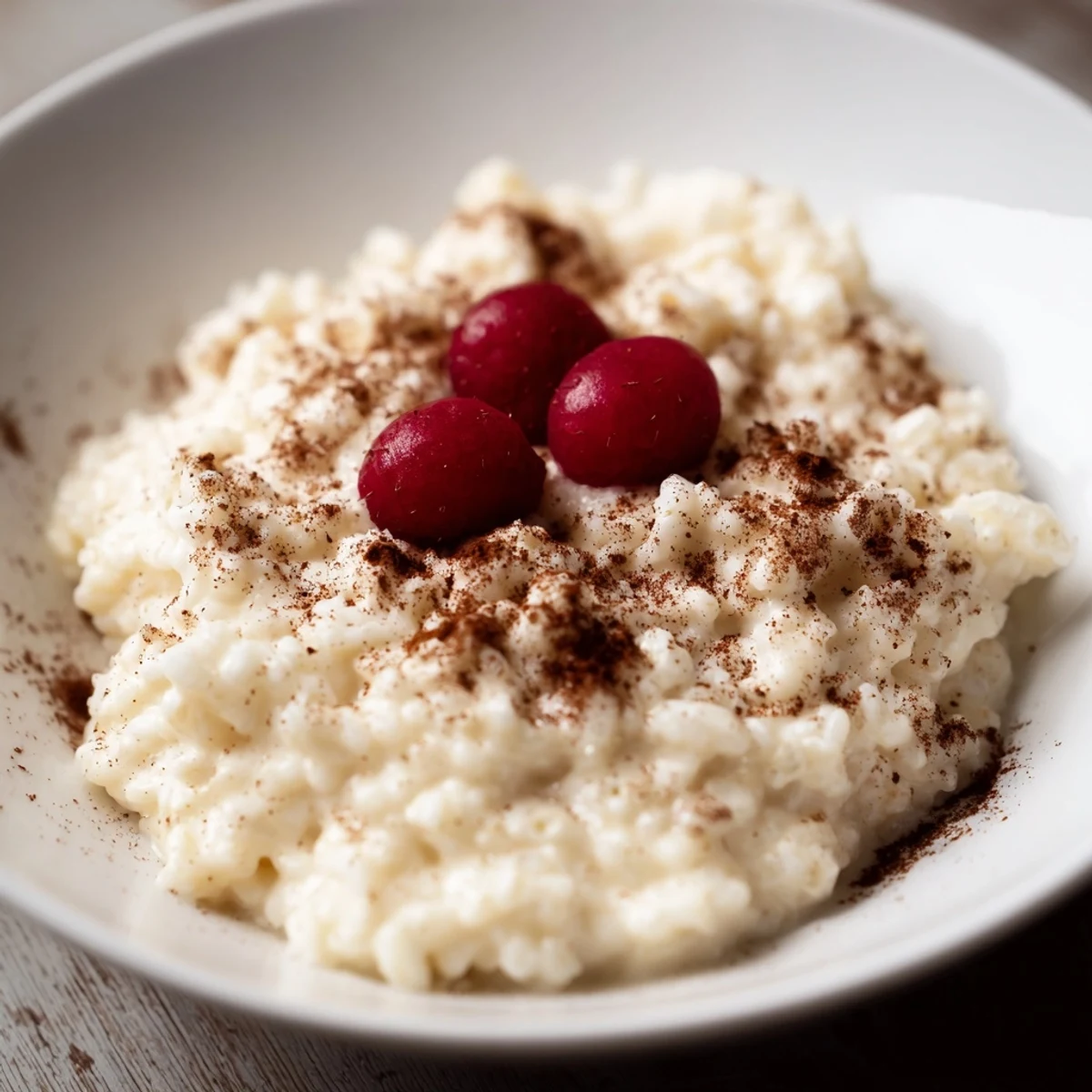 This photo features a comforting serving of creamy rice pudding, a classic dessert favorite.