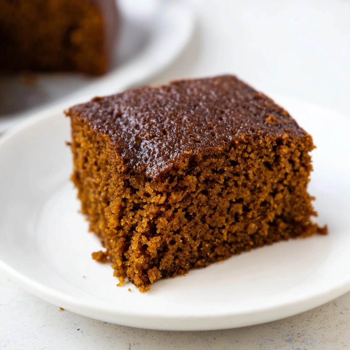 Warm, inviting image of Village Gingerbread, soft and spiced, ready to be cut into squares.