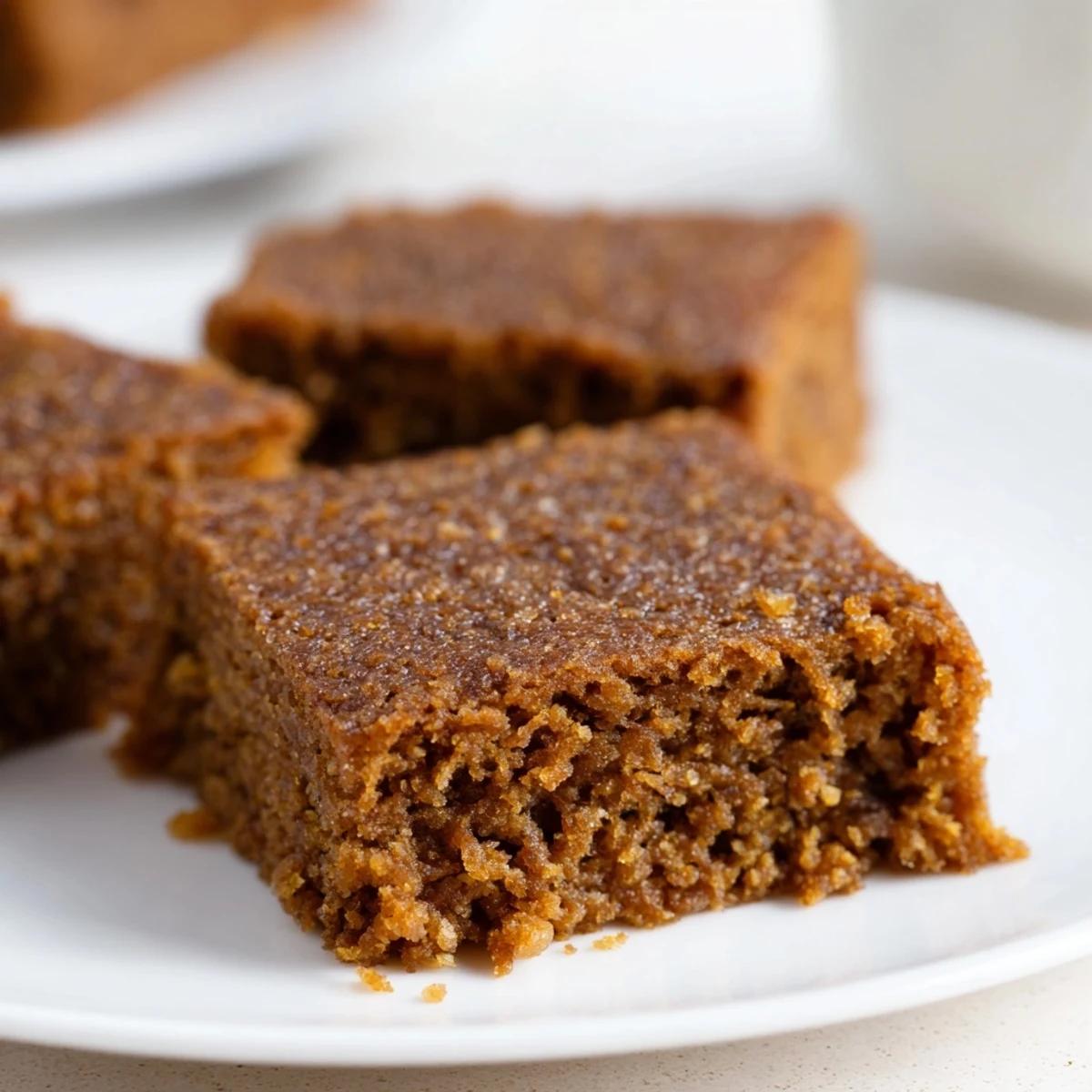Golden-brown Village Gingerbread, moist and tender, served with a dollop of whipped cream on a plate.