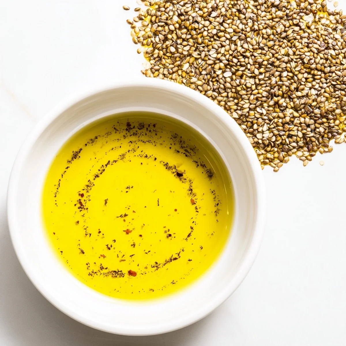 A close-up of fragrant Oil Spiced: vibrant red pepper flakes and spices floating in oil.