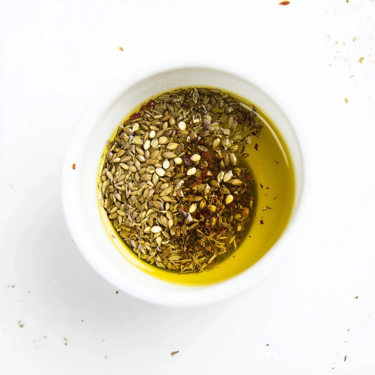 Golden-hued Oil Spiced showcases infused olive oil with visible spices and garlic, ready to drizzle.
