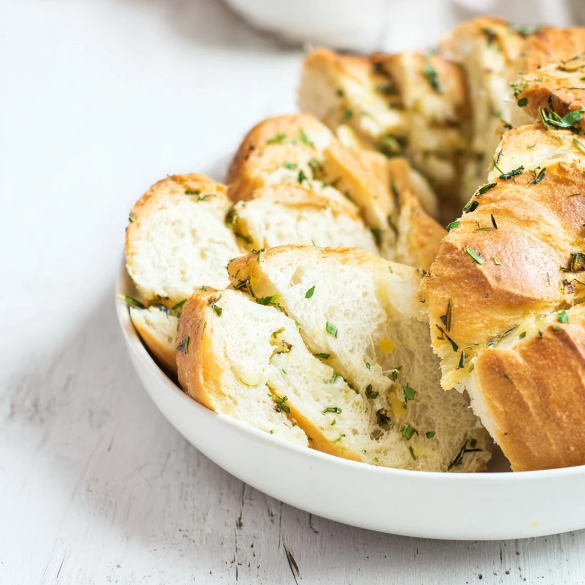 Golden brown Savory Herb Bread loaf with visible herbs; perfect for a spring lunch or dinner.