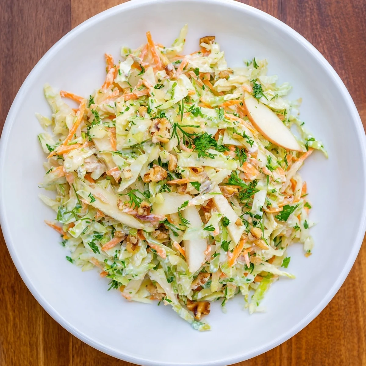 Vibrant winter coleslaw with apple showcases shredded cabbage, crisp apples, and a creamy dressing, ready to enjoy.