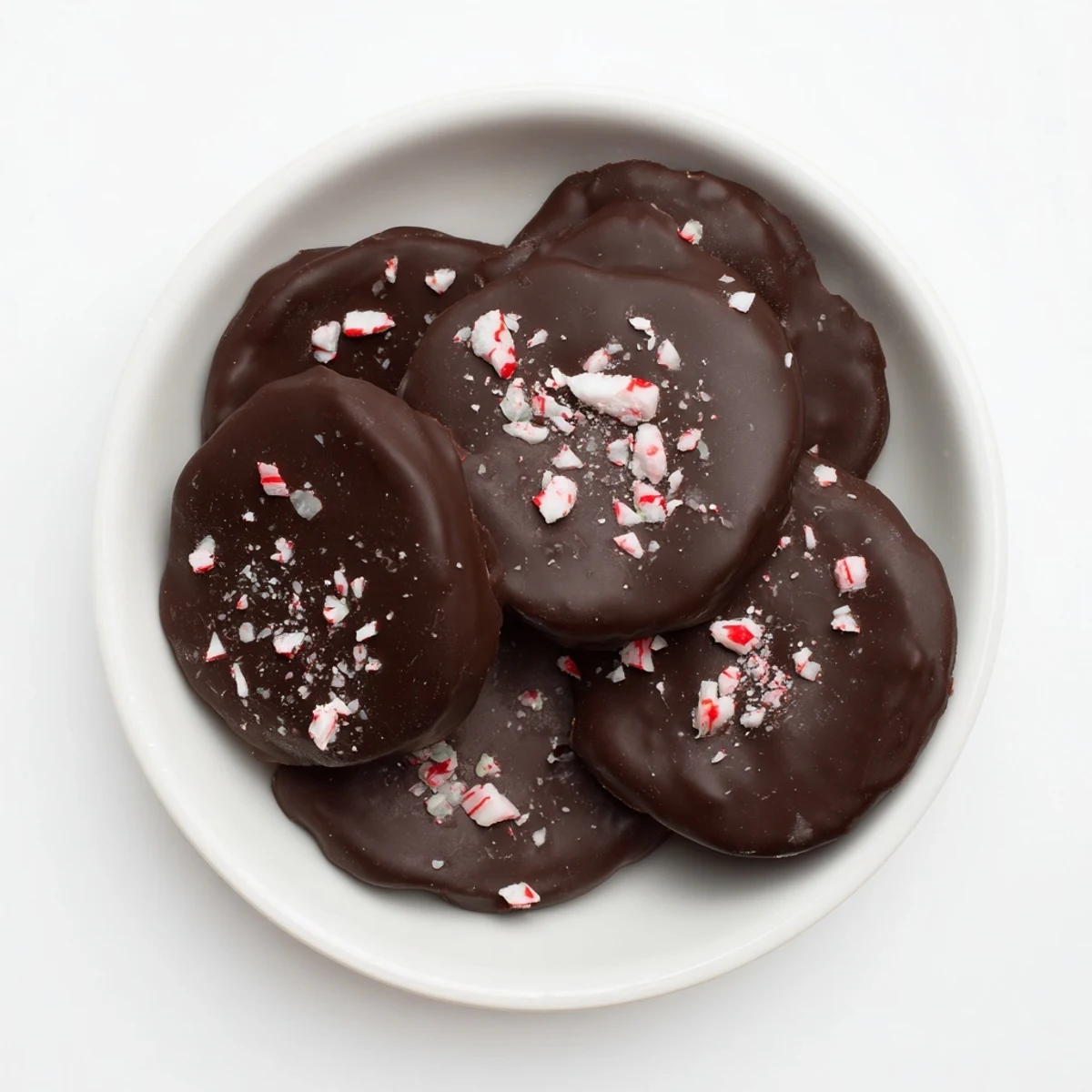 Melted dark chocolate coats these homemade, festive peppermint cream chocolates, ready to enjoy.