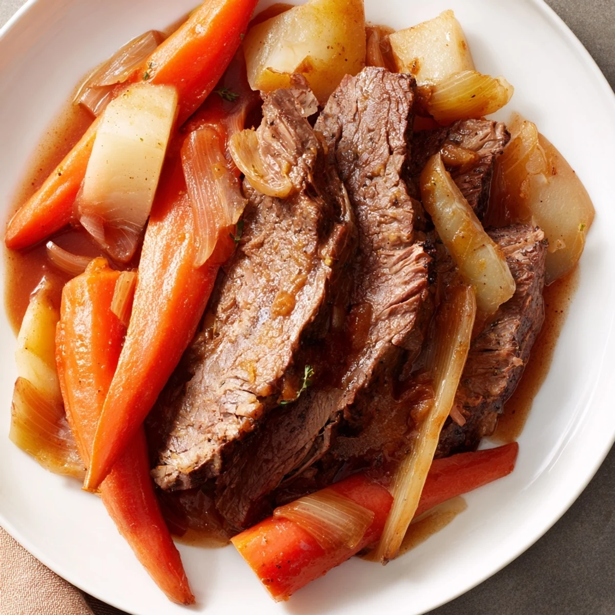 Golden-brown Braised Lamb Leg with Vegetables, glistening, presents a hearty meal with perfectly cooked root veggies.