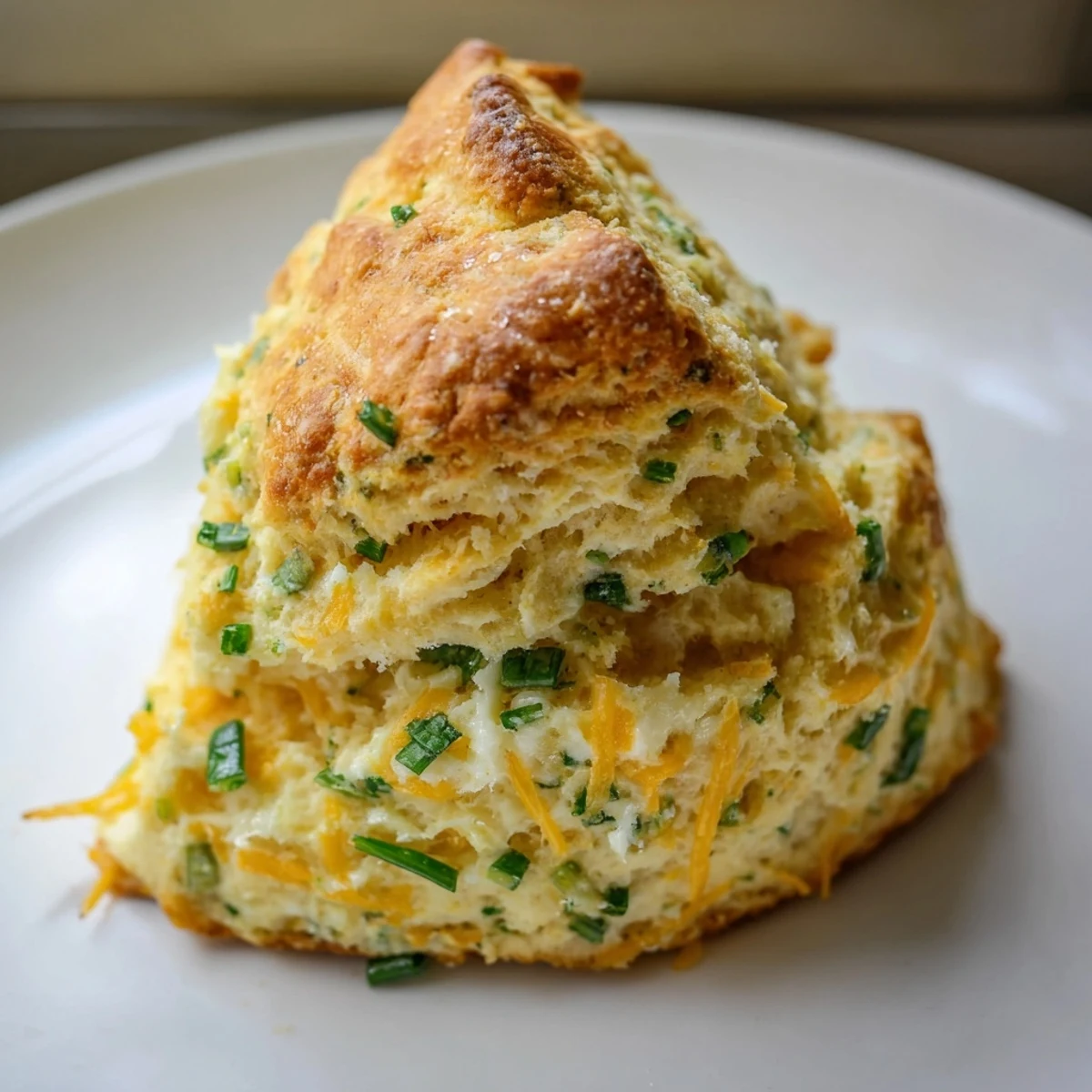 Golden-brown Savory Cheese and Chive Scones, fresh from the oven, with melting cheese and herbs.