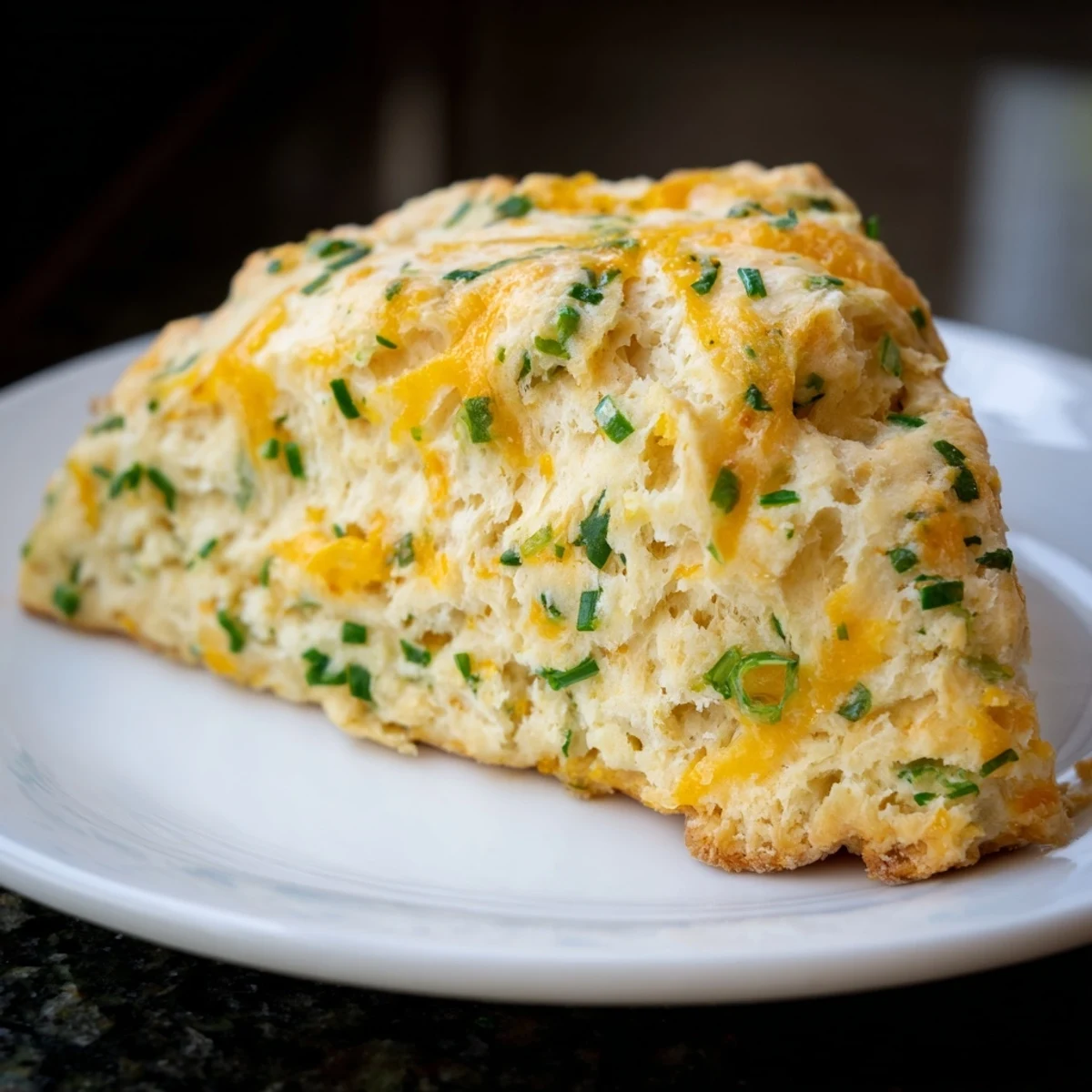 Warm, buttery, and flaky Savory Cheese and Chive Scones, ready to be enjoyed with a spread of butter.