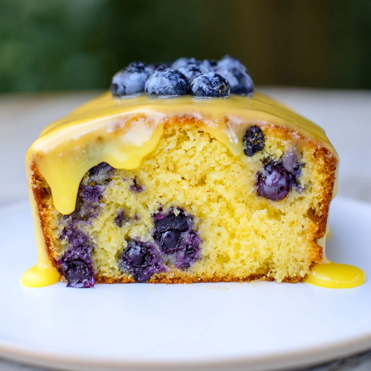 A slice of Lemon and Blueberry Drizzle Cake showing juicy blueberries nestled within the tender crumb.