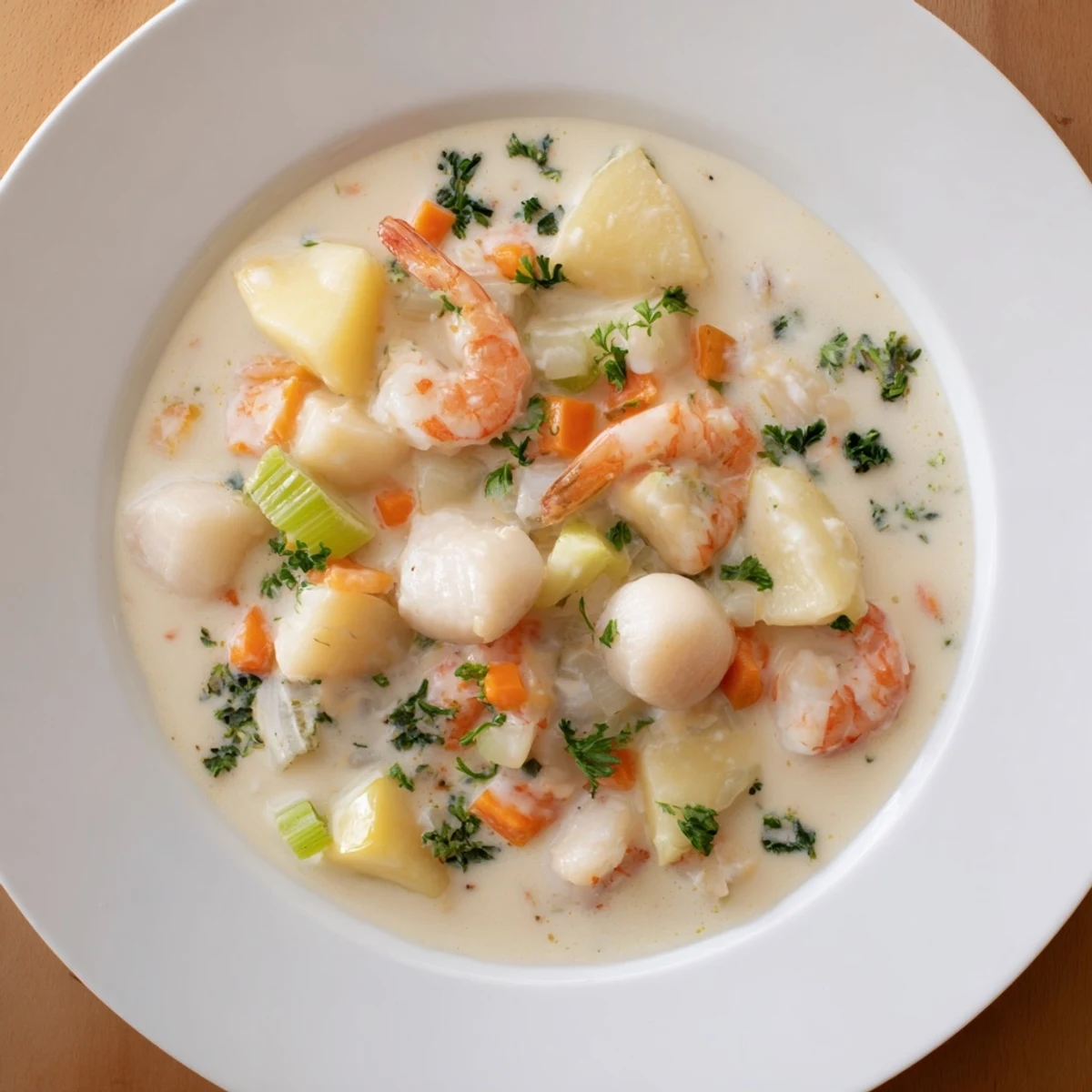Steaming bowl of creamy seafood chowder, rich with shrimp and scallops, ready to savor.