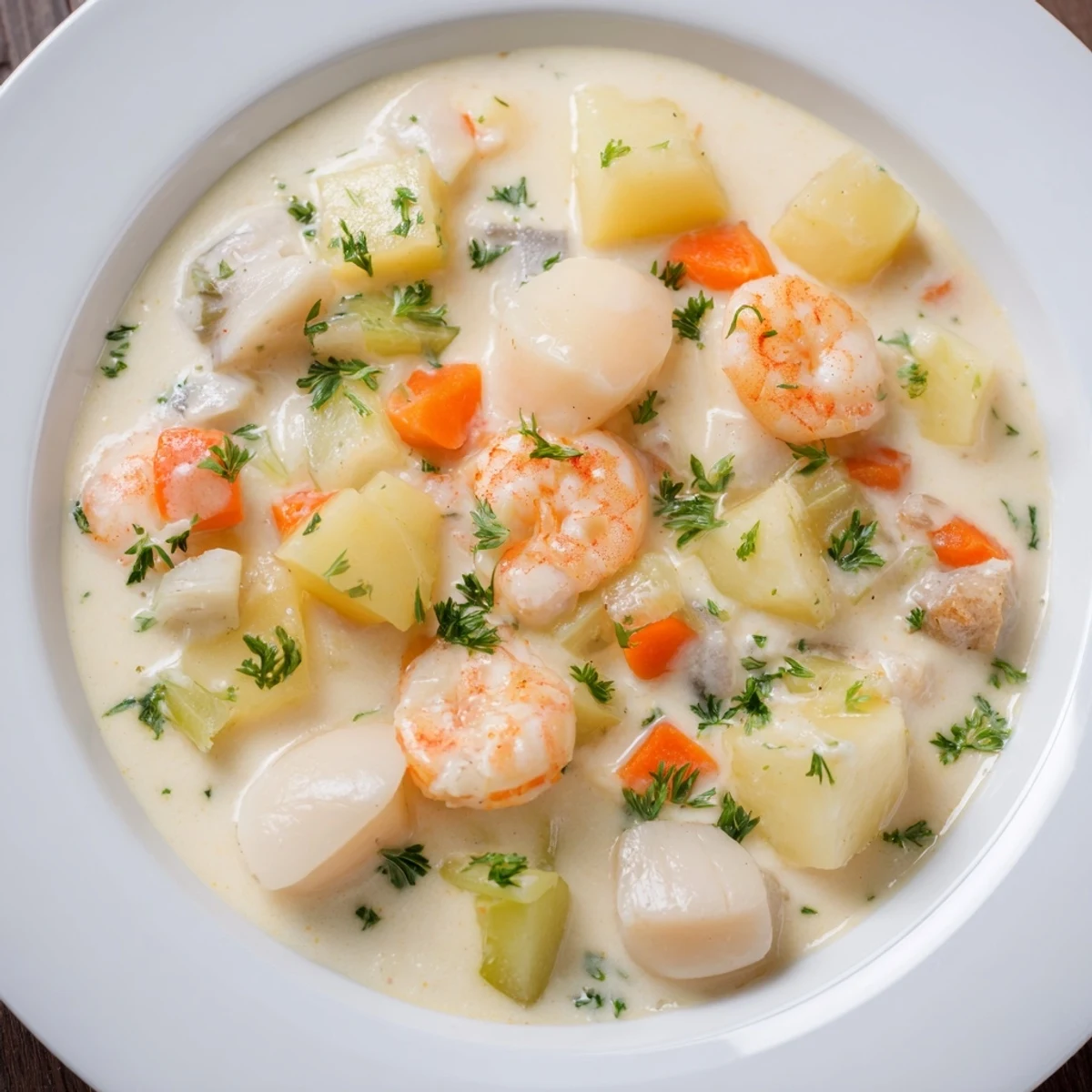 Delicious, creamy seafood chowder simmering, packed with tender fish and vegetables; perfect meal.