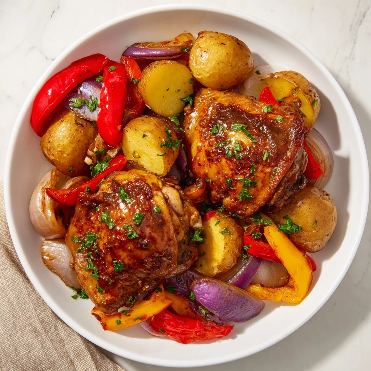 Sizzling, flavorful plate of roasted chicken thighs, tender inside, beautifully browned, with savory herbs and spices.