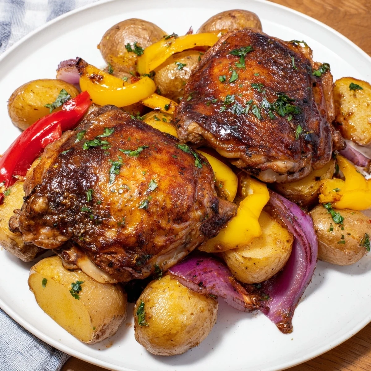 Juicy roasted chicken thighs, cooked with smoky paprika, are surrounded by colorful roasted vegetables.