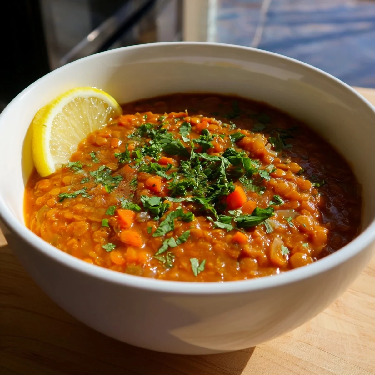 Steaming bowl of Spiced Red Lentil Soup, garnished with cilantro, a comforting and flavorful dinner.