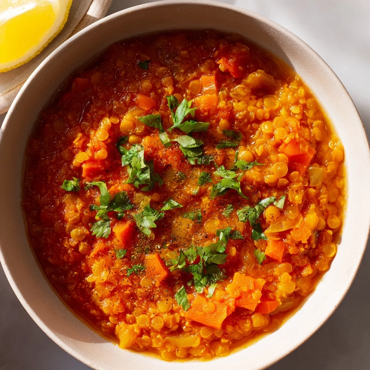 Earthy, fragrant Spiced Red Lentil Soup, perfect for a vegan and gluten-free weeknight meal.