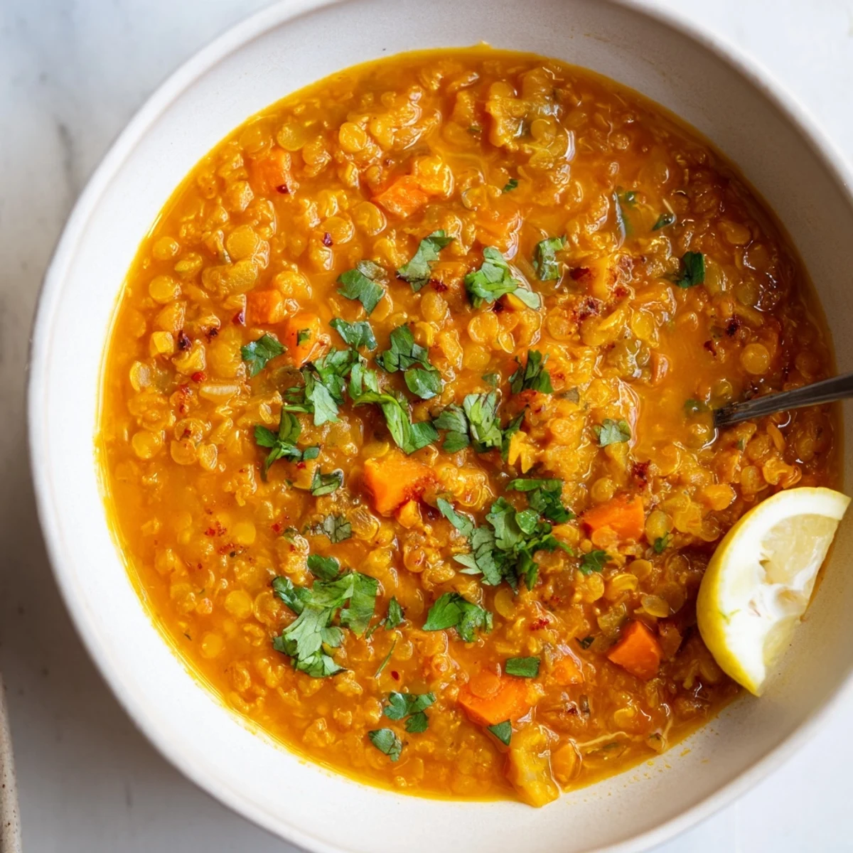 A close-up shot of the vibrant red Spiced Red Lentil Soup, seasoned with warm spices.