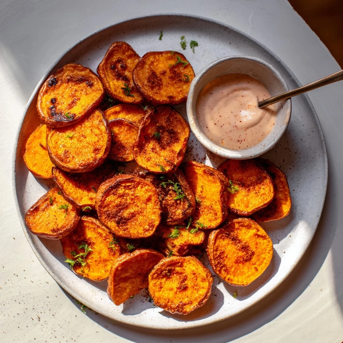Golden-brown Roasted Sweet Potato Wedges, perfectly seasoned, ready to be dipped into creamy yogurt.