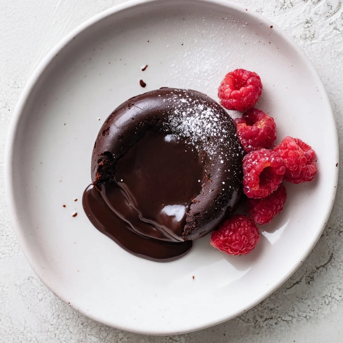 Warm, gooey chocolate fondant topped with vibrant red raspberries, a delightful treat for two.