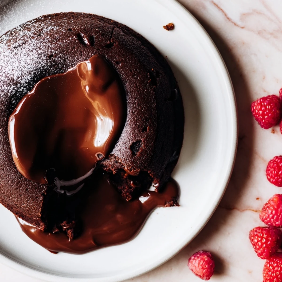 Indulgent chocolate fondant, served with sweet raspberries and optional whipped cream, the ultimate dessert.