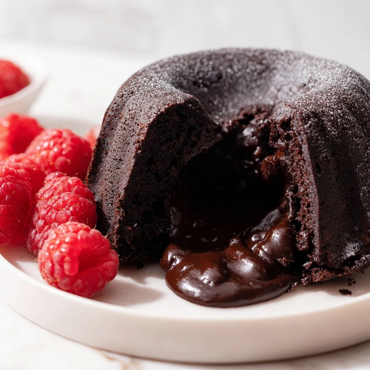Molten chocolate fondant with fresh raspberries, a rich dessert oozing deliciousness at a dinner party.