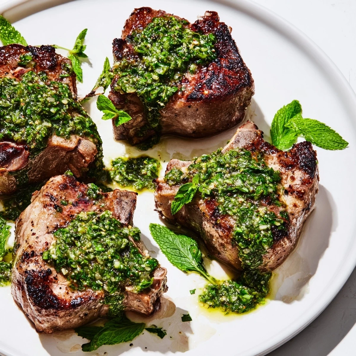 Golden-brown lamb chops, perfectly seared alongside a vibrant mint sauce for a delicious meal.