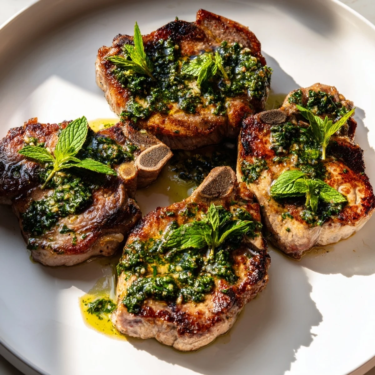 Juicy, tender lamb chops with a bright mint sauce, ready to be enjoyed with family at dinner.