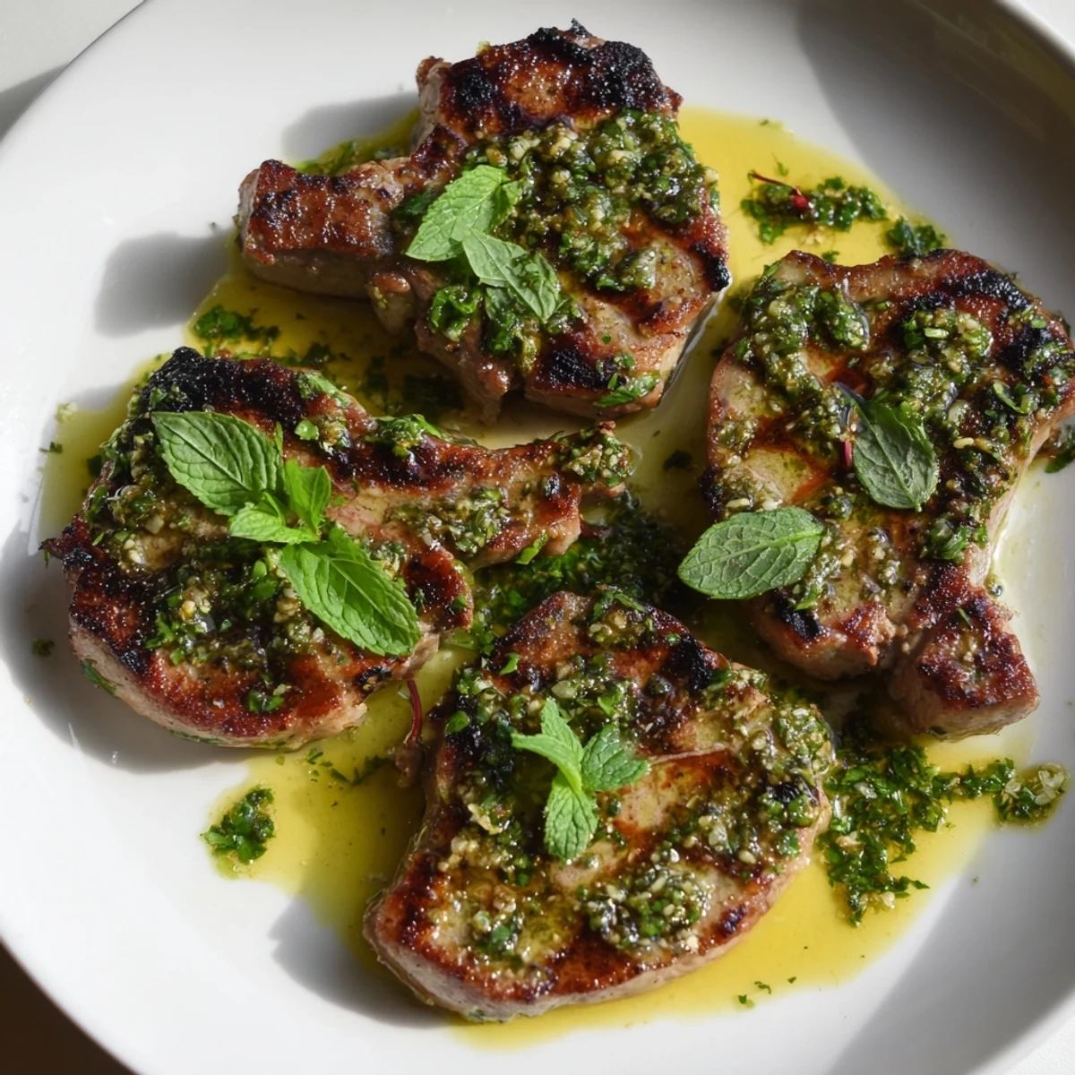Sizzling lamb chops are plated with a fresh mint sauce, showcasing a beautiful, simple British dish.
