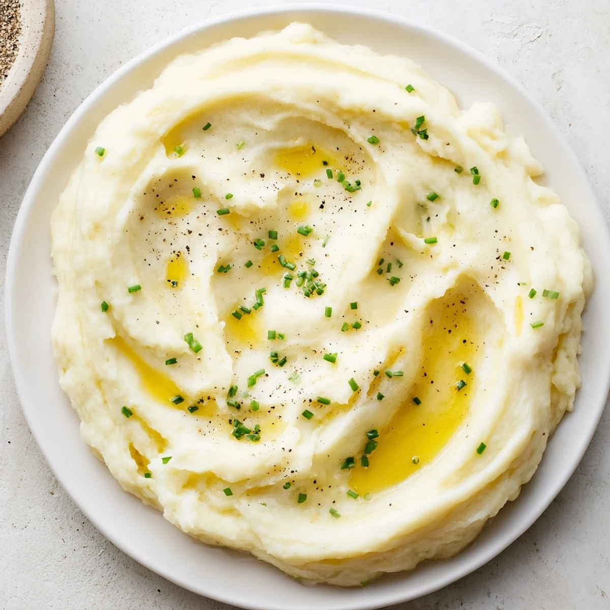 These velvety creamy mashed potatoes look irresistible, ready to be served alongside a hearty meal.