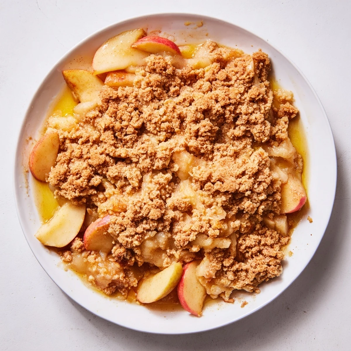Warm apple crumble, a golden brown baked dessert with bubbly fruit and sweet crumble topping.