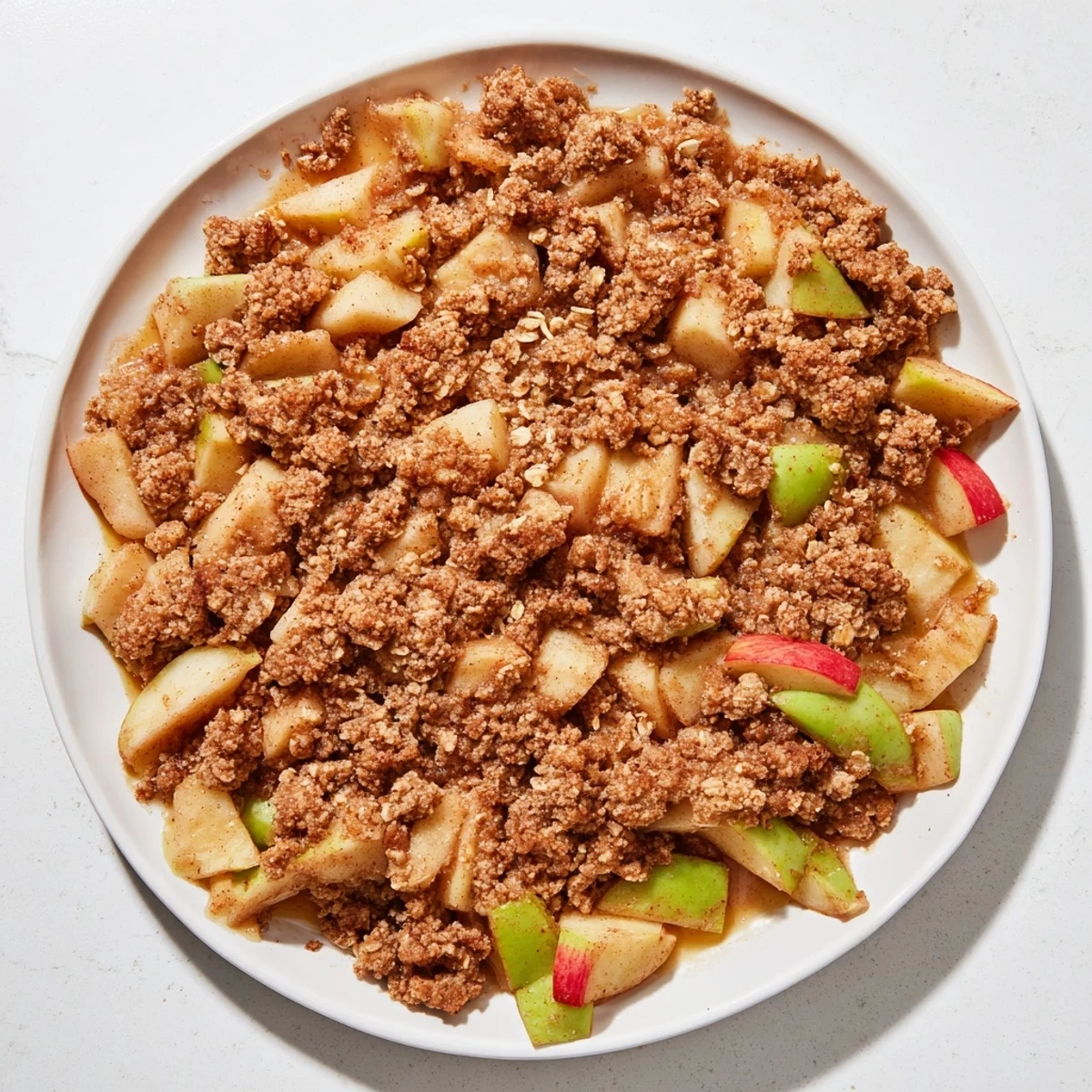 This warm apple crumble shows a close-up of the cinnamon-spiced apple filling and buttery topping.
