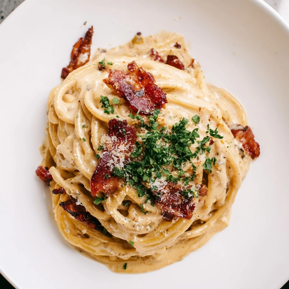 Golden beef bacon bits dot the creamy pasta carbonara, ready for a comforting bite.