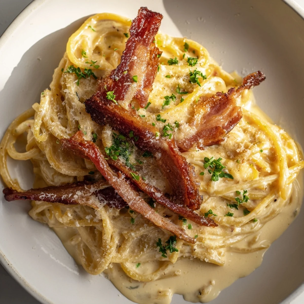 This decadent creamy pasta carbonara features perfectly coated spaghetti in a rich sauce.