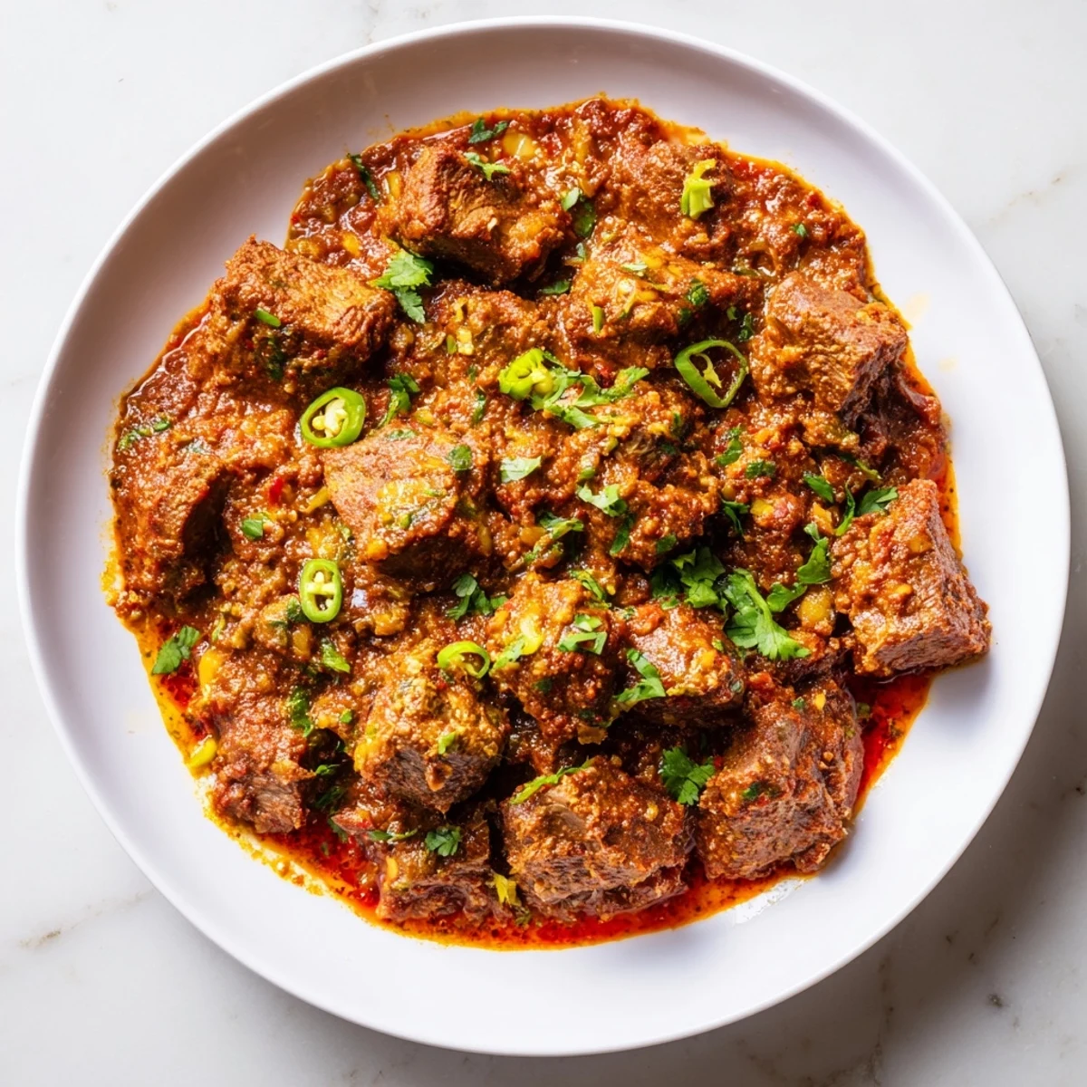 A steaming bowl of flavorful beef curry, garnished with cilantro, ready to serve.