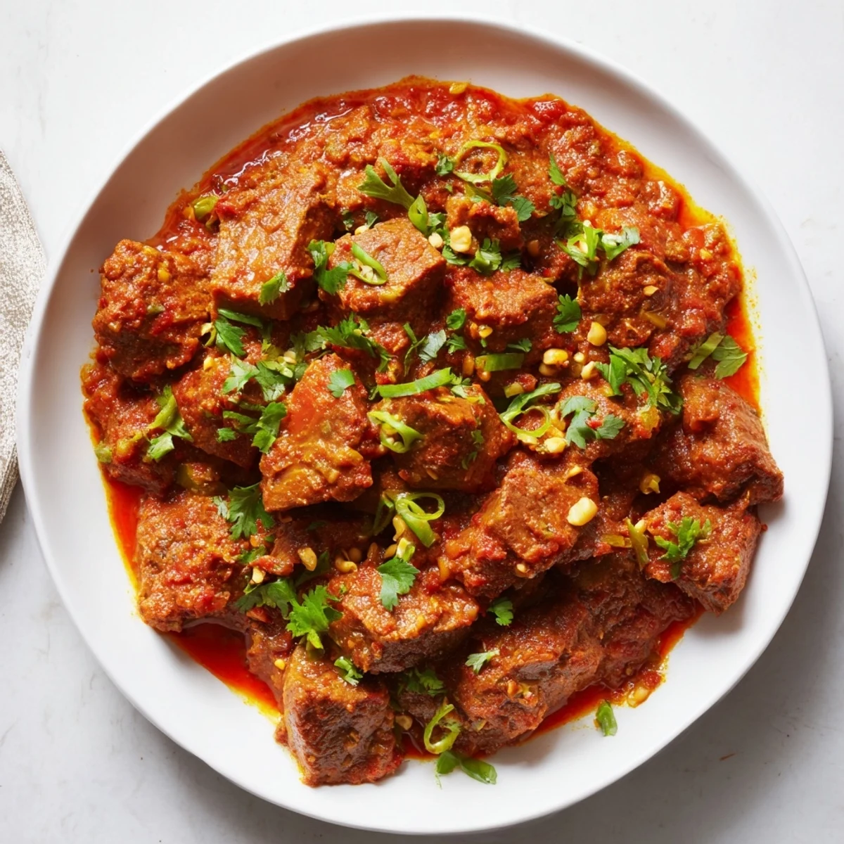 Tender beef curry cooked in creamy coconut milk, a fragrant Indian main course.
