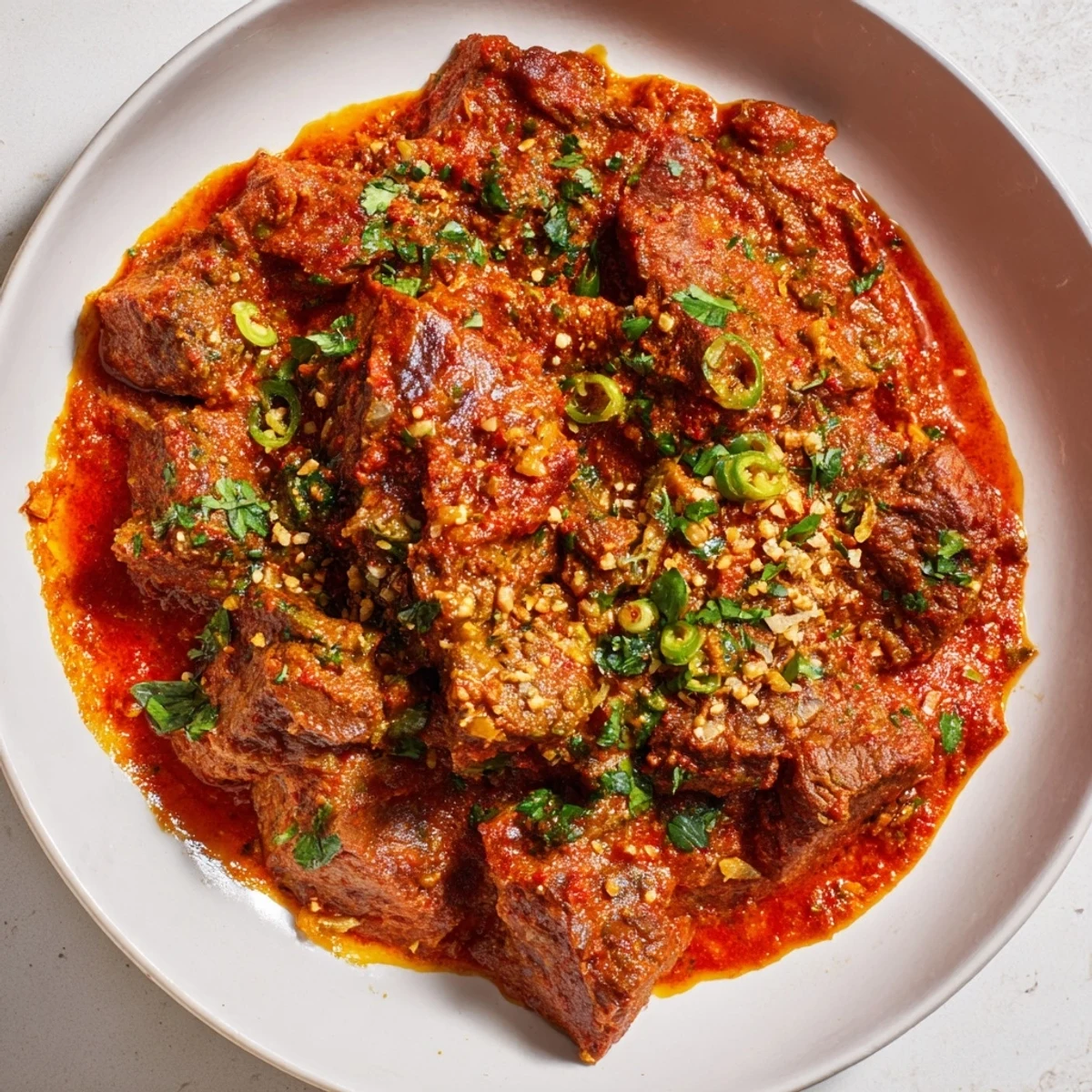 Close-up of a rich, homemade beef curry with a savory, spicy tomato-based sauce.