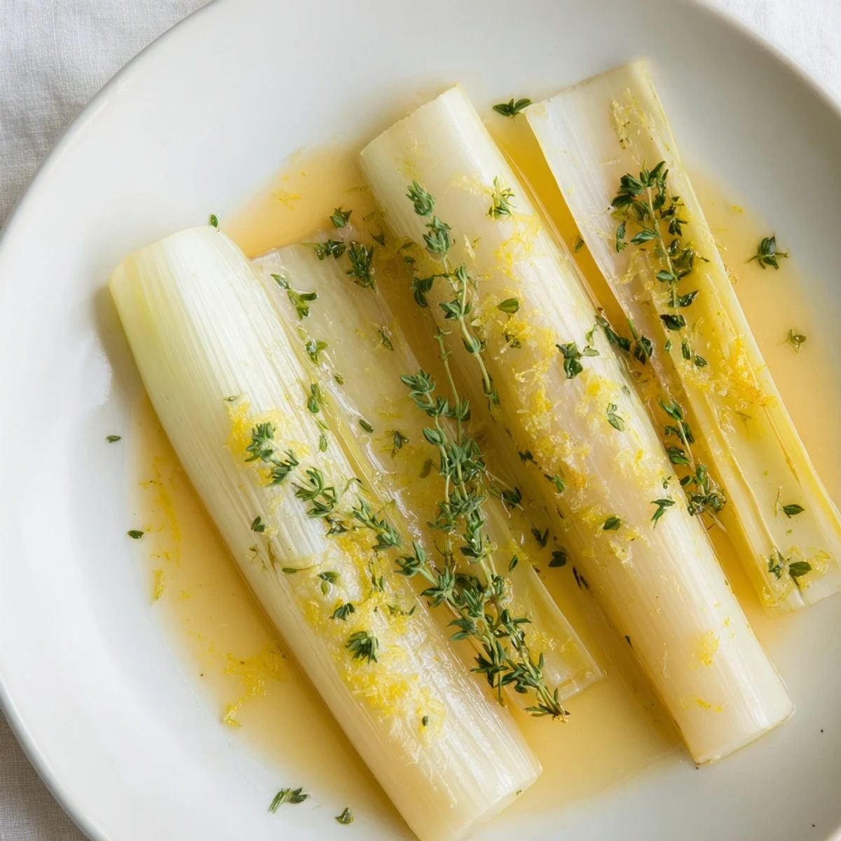 Tender braised leeks, glistening with sauce and garnished, ready to enjoy as a flavorful side.
