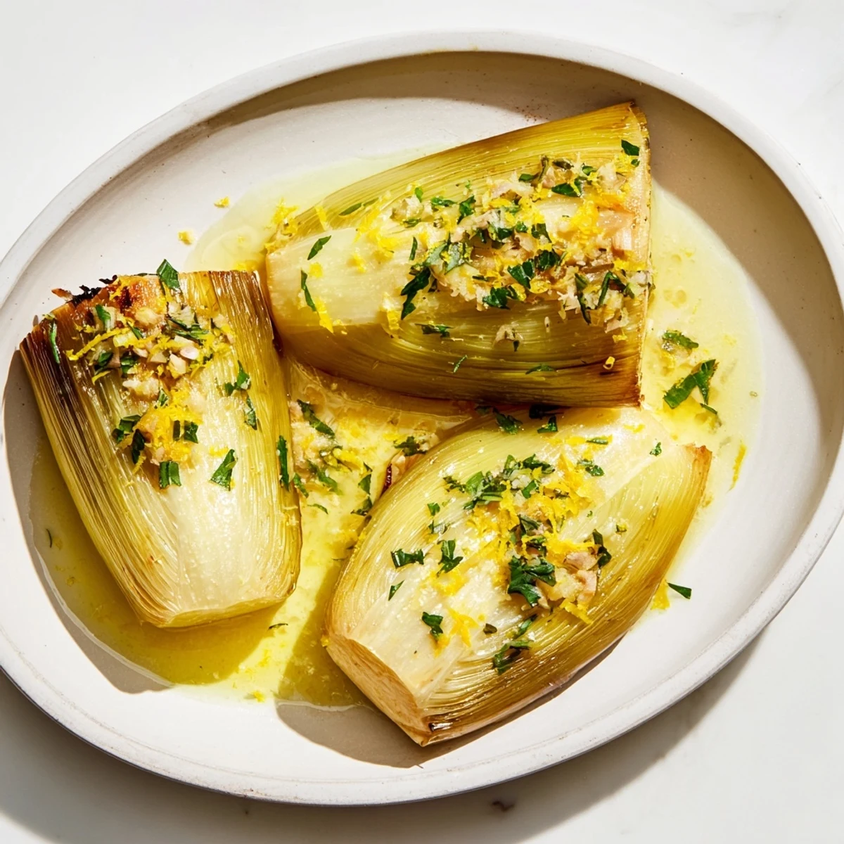 A close-up of delicious braised leeks, showing the delicate texture and herb-infused broth.