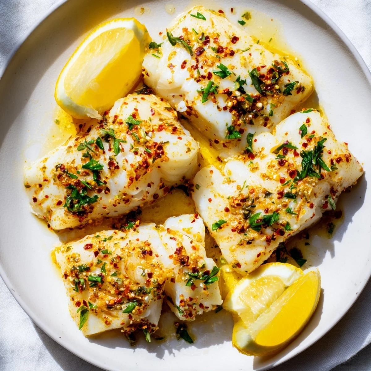 Golden brown Baked Cod Loin, flaky and ready to eat, served with fresh lemon wedges.