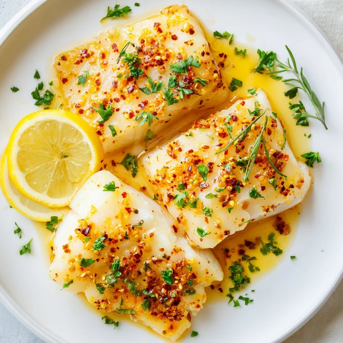 A closeup of perfectly cooked Baked Cod Loin, glistening with herbs, ideal for a gluten-free meal.