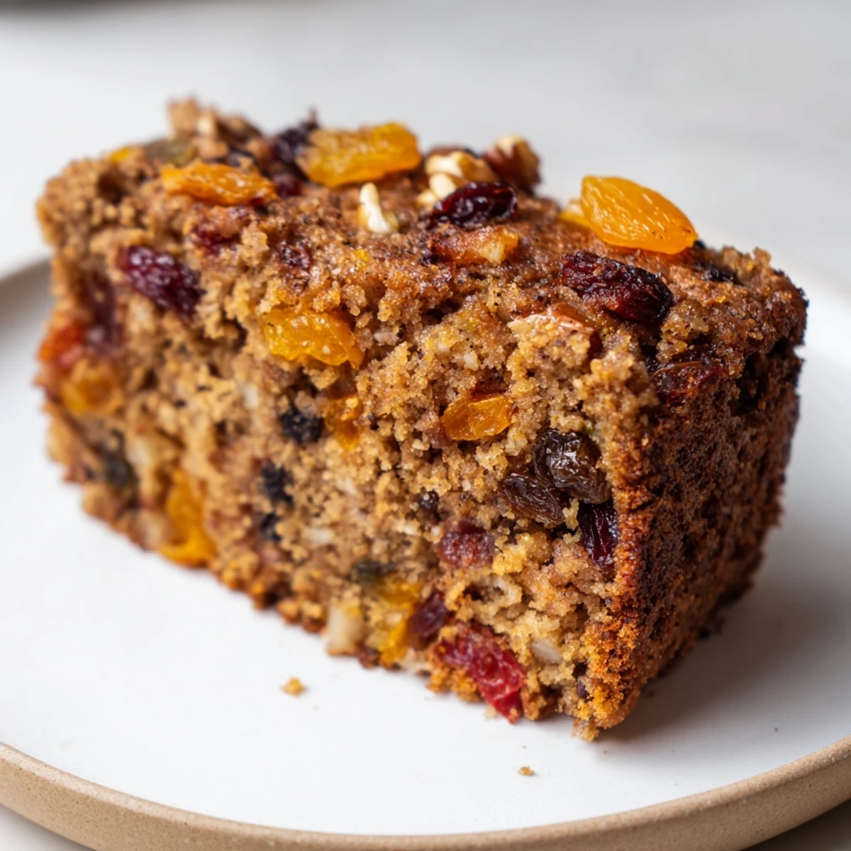 Moist spiced fruit cake, studded with glistening dried fruits, ready for slicing and enjoying.