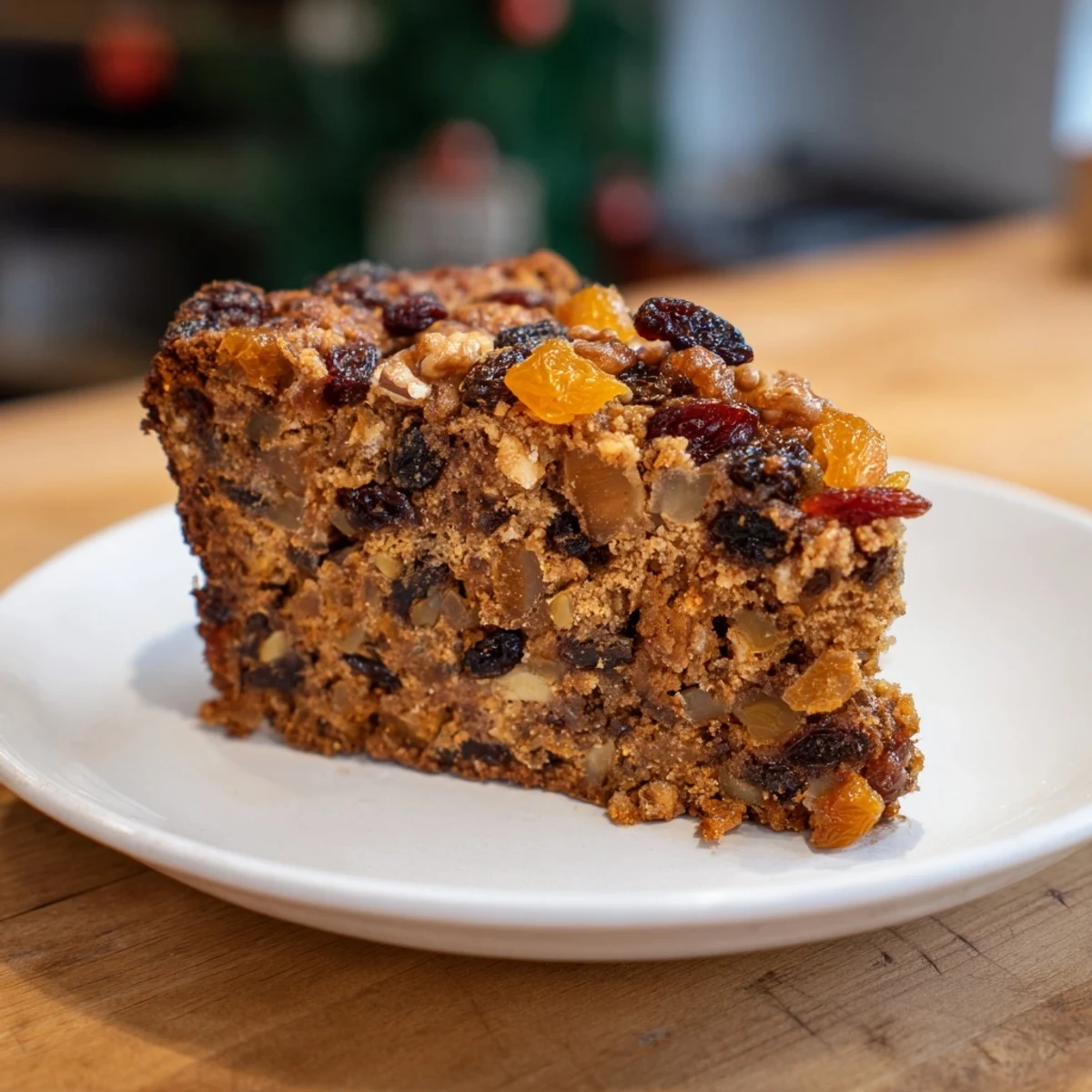 Glistening close-up of a warmly spiced fruit cake, rich with raisins and seasonal flavors.