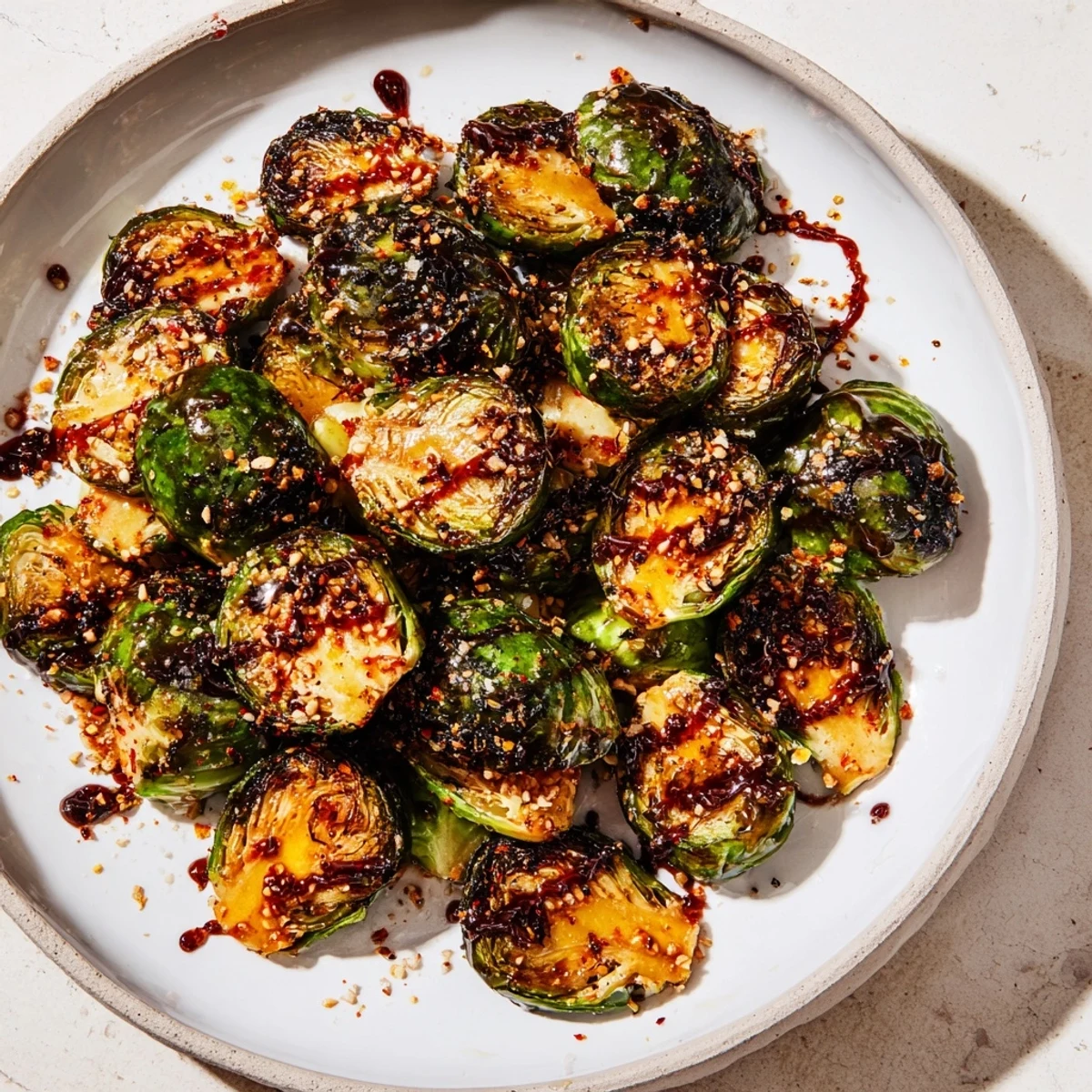 Golden-brown Roasted Brussels Sprouts, crispy edges and tender insides, ready to enjoy as a side.