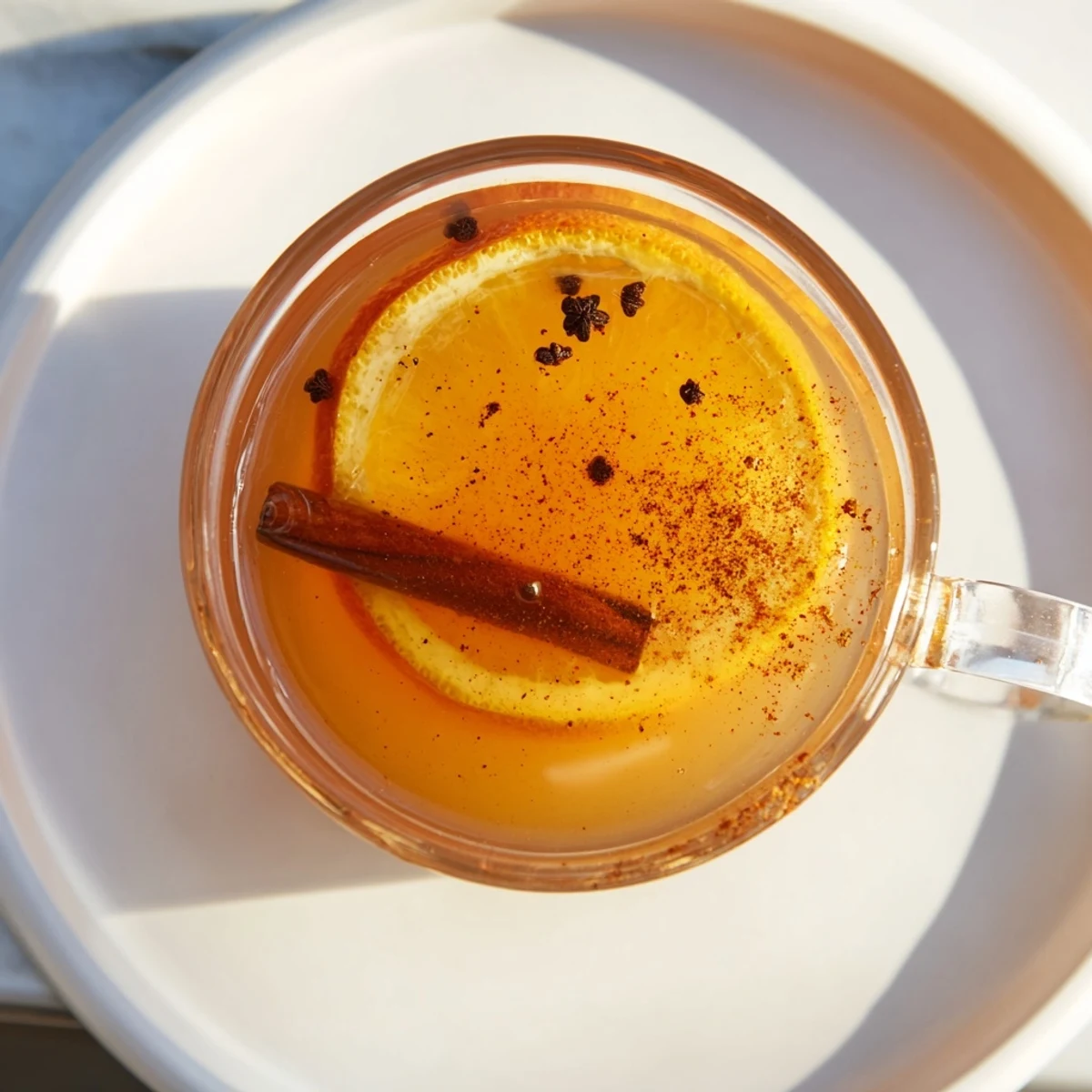 Golden brown Spiced Hot Apple Cider, garnished with orange slices, perfect for a chilly evening.