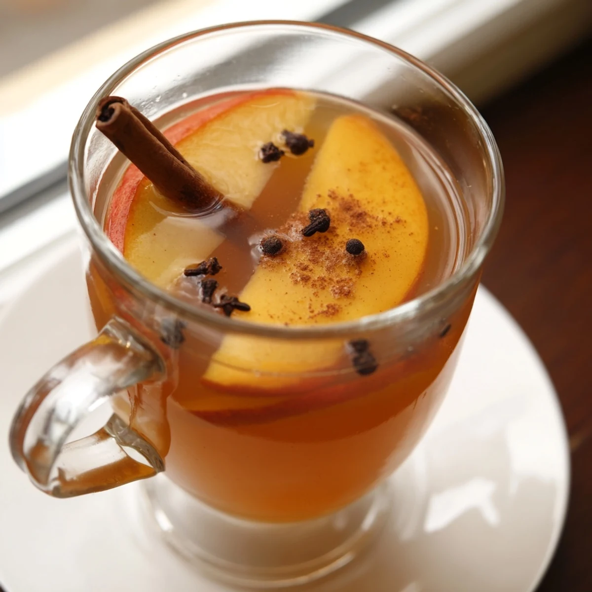 Rich, dark Spiced Hot Apple Cider, simmered to perfection, offering a warm and spicy flavor profile.