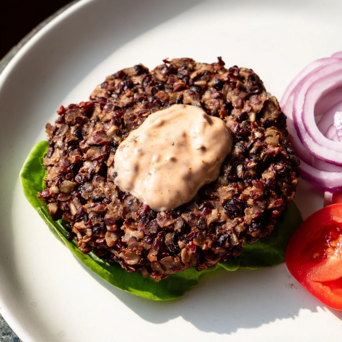 Delicious Vegan Black Bean Burger on a toasted bun, layered with fresh toppings for a hearty meal.