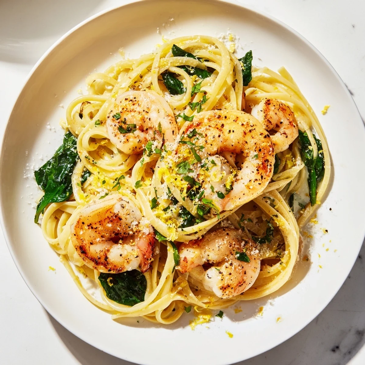 Bursting with flavor, this Lemon Garlic Shrimp Pasta dish features bright, juicy shrimp and spinach.